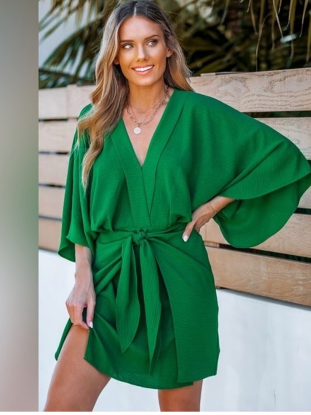 Cupshe Shamrock Green Surplice Kimono Sleeve The Waist Dress Size XL